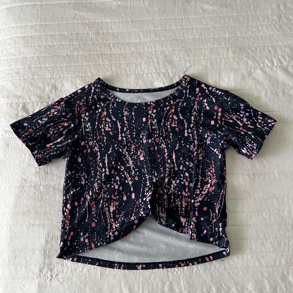 Girls Ideology Navy and Pink Splatter Short Sleeve Crop Top
